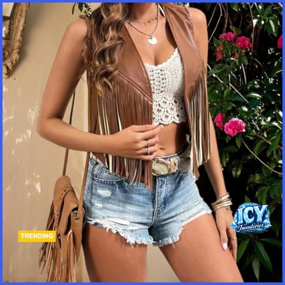 Women's PU Leather Fringe Vest Sleeveless Open Front Tassel Waistcoat - Picture 4 of 7